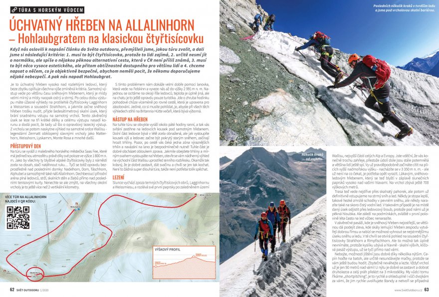 Se Švihálky úžasným hřebenem Hohluabgrat na Allalinhorn. Svět outdooru 1/2020.