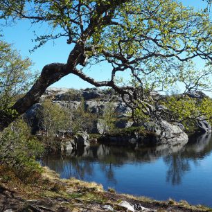 Výstup na Preikestolen vede kolem několika jezer, Norsko.