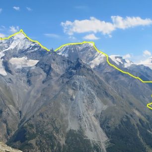 TOPO Nákres trasy. Traverz tří Walliských klenotů – Alphubel – Täschhorn – Dom, Švýcarsko, Alpy
