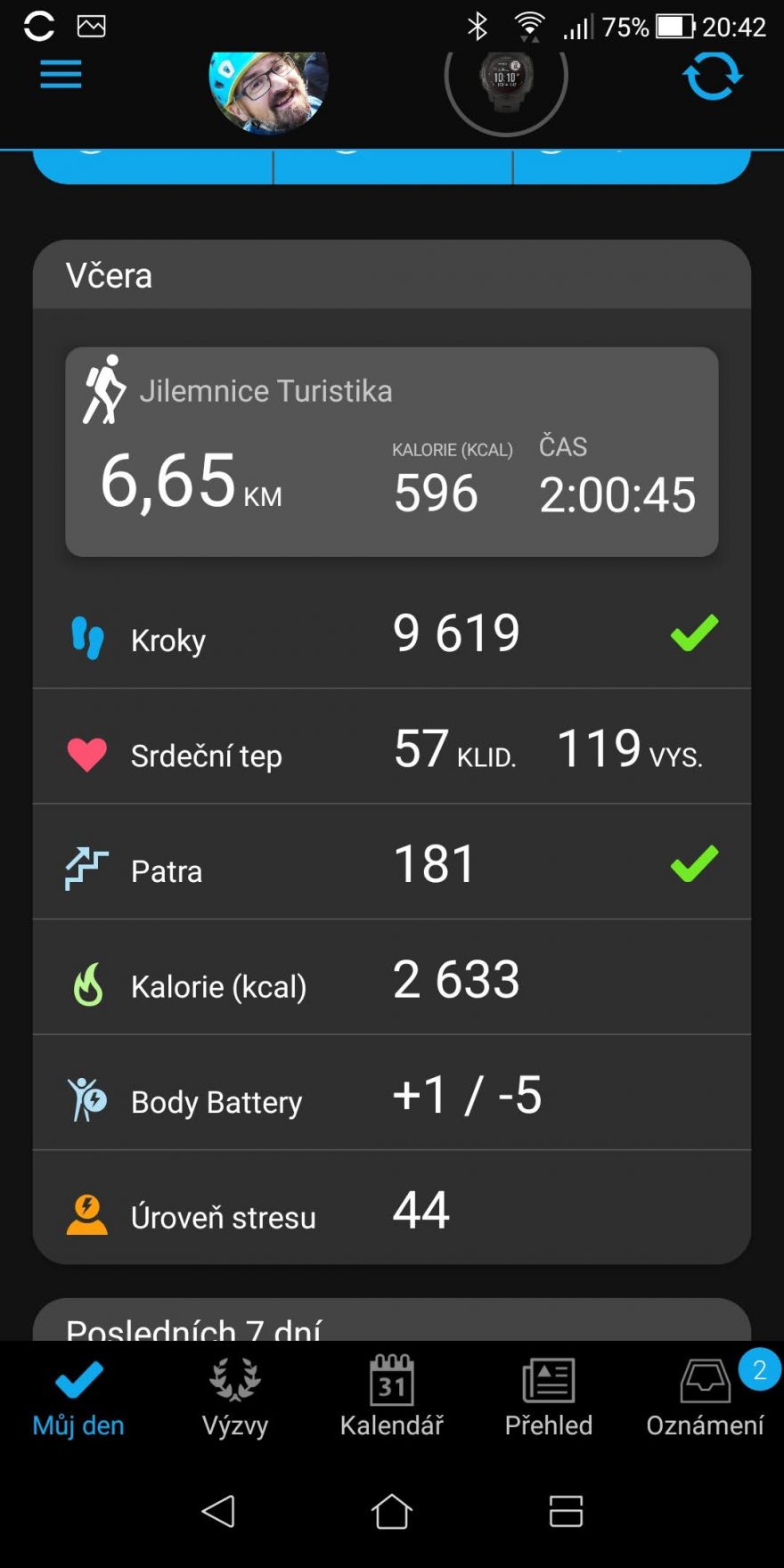 Přehled předchozího dne v aplikaci GARMIN Connect