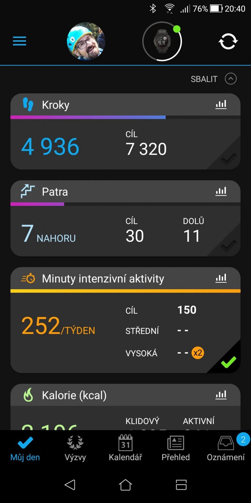 Základní obrazovka aplikace GARMIN Connect