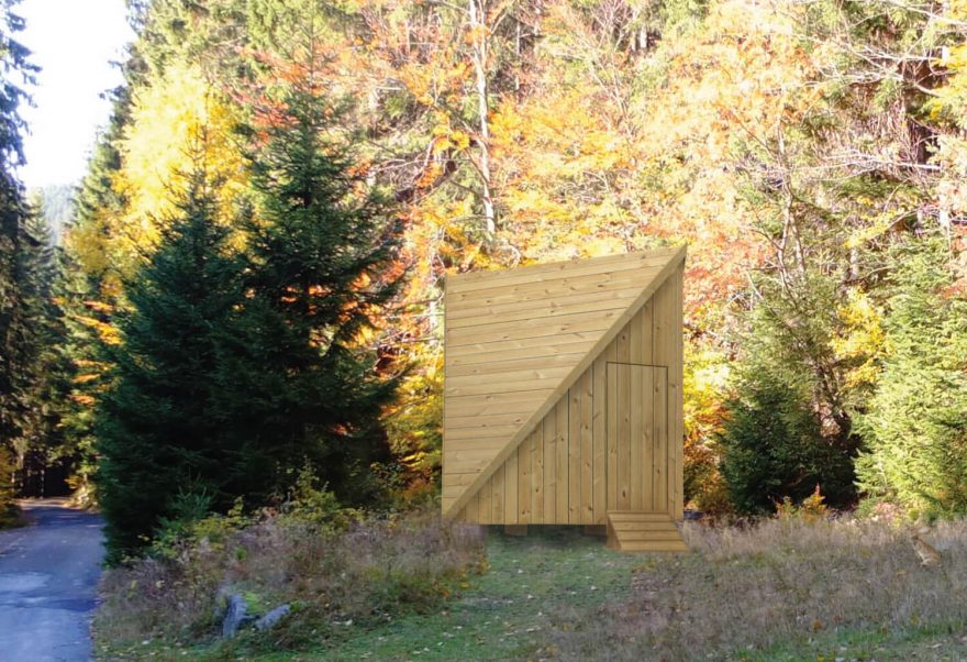 Vizualizace, Útulna STAN, Krkonoše, rozcestí Luboch nedaleko Harrachova.