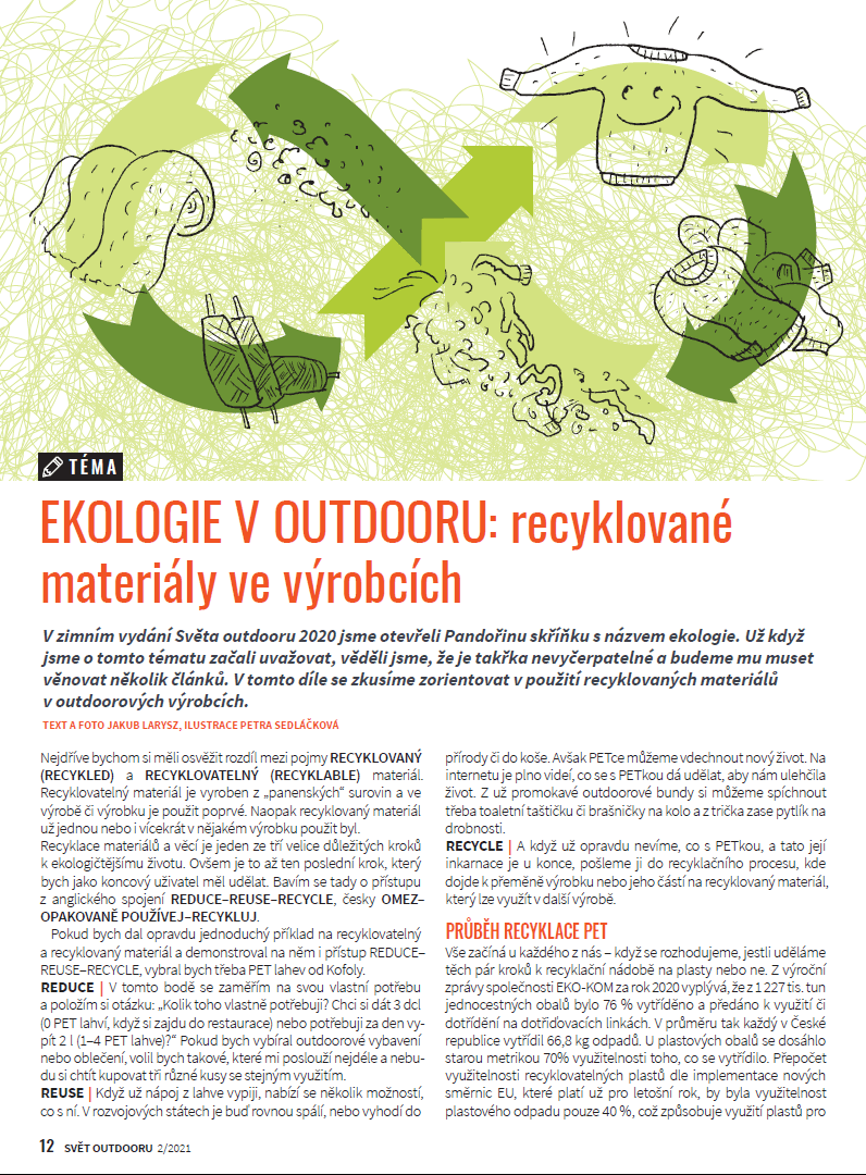 EKOLOGIE V OUTDOORU - recyklované materiály ve výrobcích. Svět outdooru 2/2021.