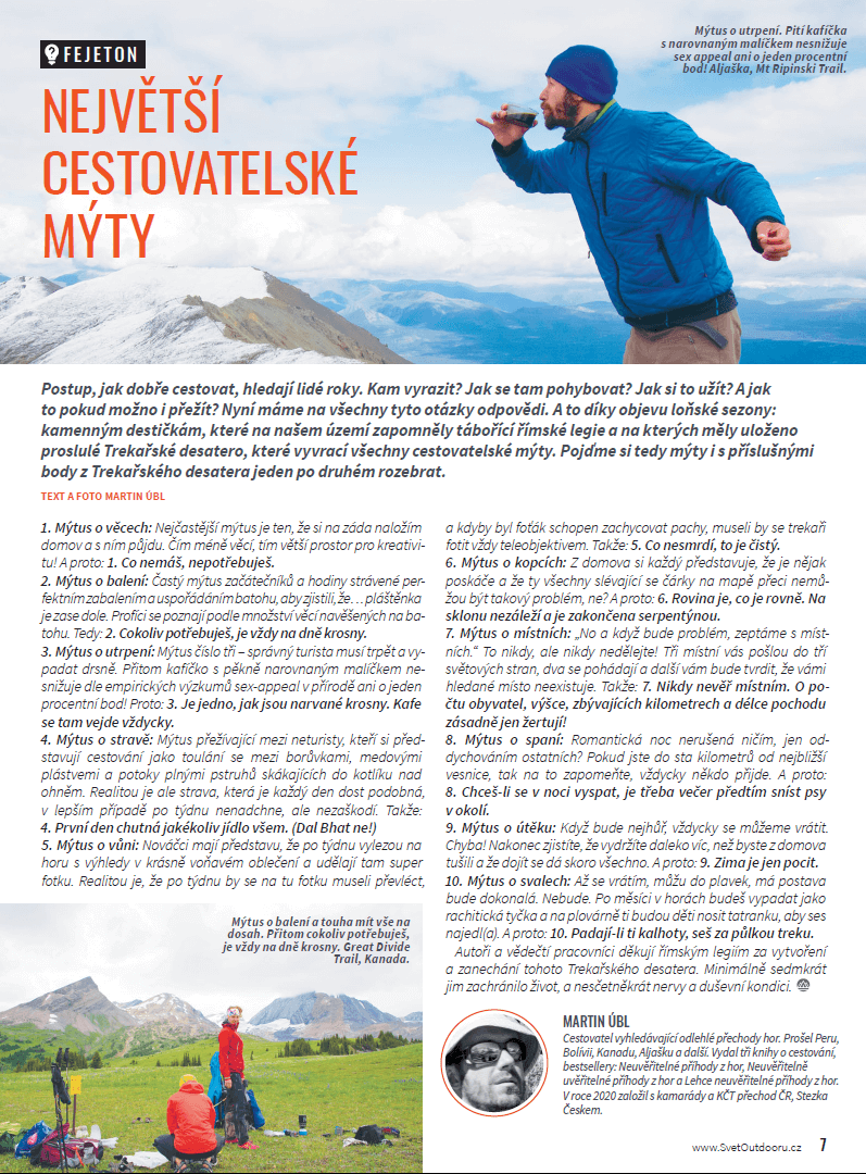 Fejeton Martina Úbla - Největší cestovatelské mýty. Svět outdooru 2/2021.