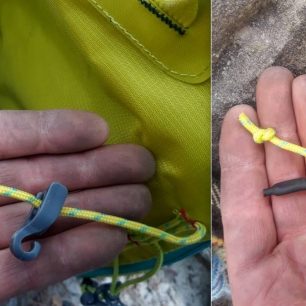 Altus Poincenot - detail háčků víka batohu - upadlou koncovku nahradil uzlík, vyřešeno...