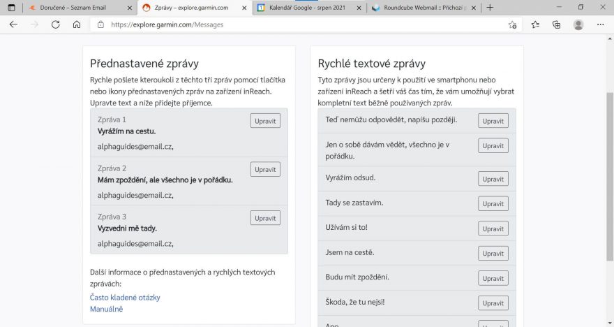 Editace zpráv v aplikaci Explore Garmin