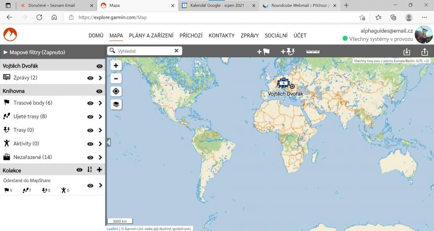 Mapa a přehled zpráv, trasových bodů, ujetých tras v aplikaci Explore Garmin