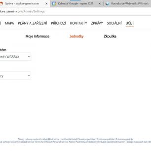 Obrazovka s nastavením parametrů a jednotek v aplikaci Explore Garmin