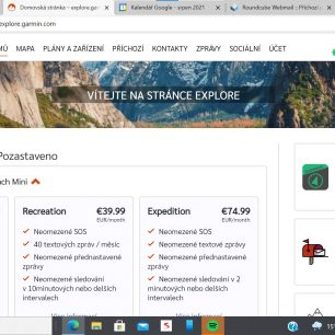 Přehled a obsah služeb - plánů v aplikaci Explore Garmin