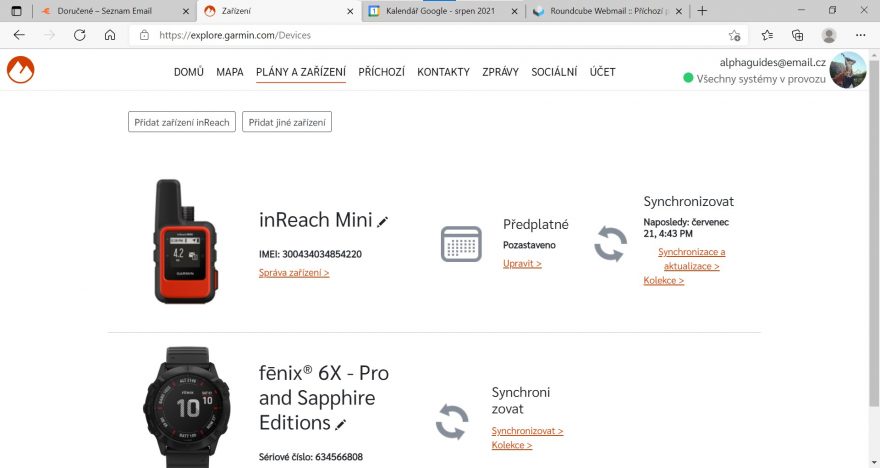 Přihlášené zařízení do aplikace Explore Garmin