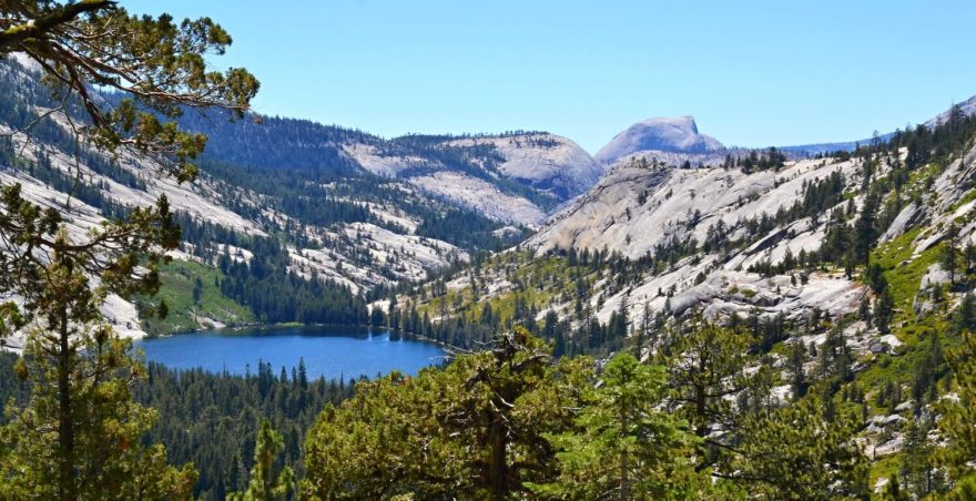 Výhled na jezero Merced a špička Half Dome. Yosemite NP, Kalifornie, USA