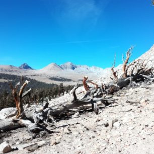 Blížíme se k Mt. Whitney, procházíme měsíční krajinou pohoří Sierra Nevada. John Muir Trail, Kalifornie, USA