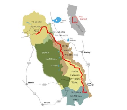 mapa John Muir Trail, Sierra Nevada, Kalifornie, USA