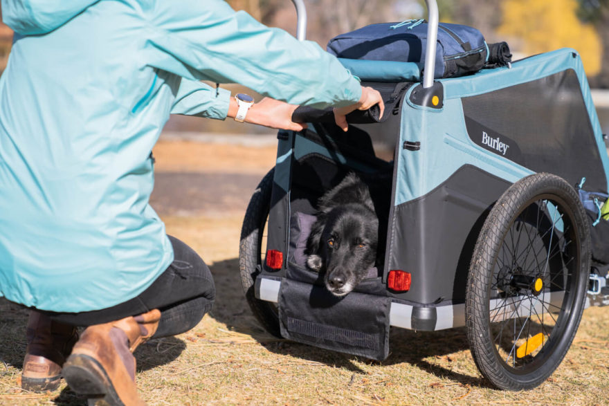 Pohodlné nastupování a vystupování z vozíku usnadní psům velký vchod. Vozík Burley Bark Ranger.