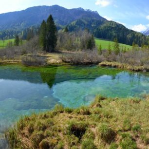 Smaragodvé jezírko Zelenci nedaleko Kranjské Gory, kde pramení řeka Sáva Dolinka - jedna ze zdrojnic Sávy. Julské Alpy, Slovinsko.