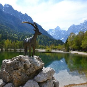Jezero Jasna s legendami opředeným kamzíkem Zlatorog je ikonou Kranjské Gory a Julských Alp. Slovinsko.