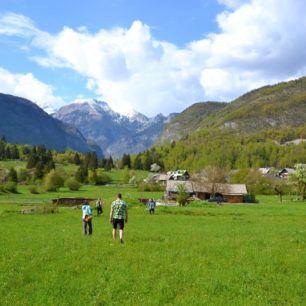 Procházka z vesničky Stara Fužina k Bohinjskému jezeru. Julské Alpy, Slovinsko.