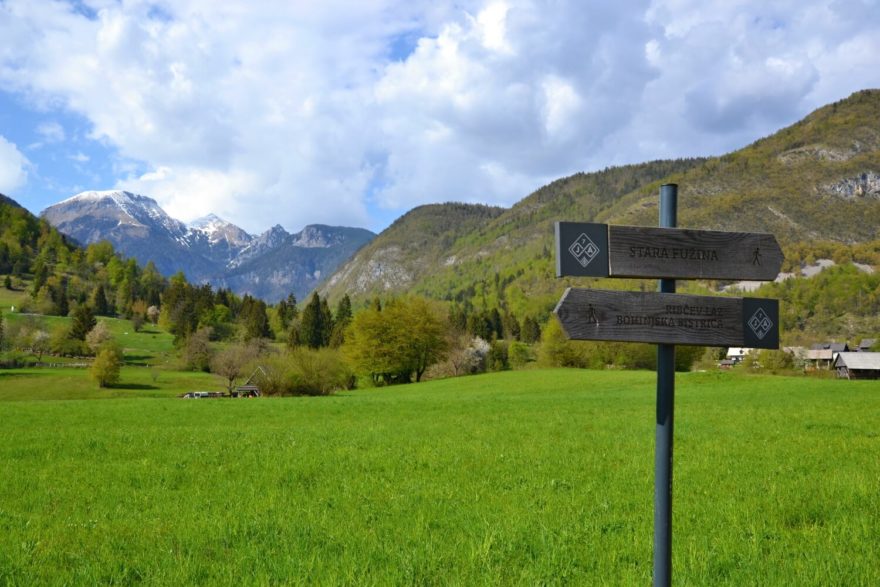 Po trase Juliana Trail z vesničky Stara Fužina k Bohinjskému jezeru. Julské Alpy, Slovinsko.