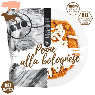 Vysušená porce těstovin bolognese, ideální na výlety, treky a hory.