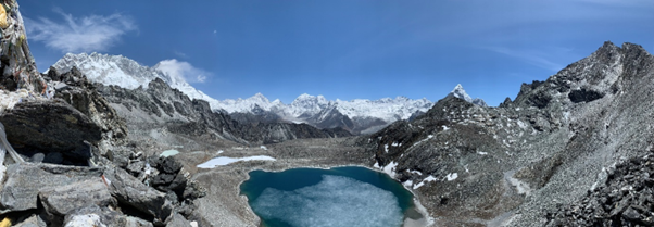 Pohled ze sedla Kongma La Pass (5.553 m), zleva Nupce, Lhoce, Makalu, Baruntse a Ama Dablam