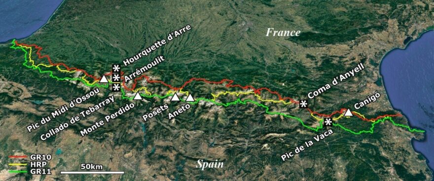 Mapa tří dálkových tras vedoucích přes Pyreneje, GR 10 (červená), HRP (žlutá), GR 11 (zelená)