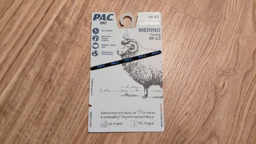 Informace na hangtagu ponožek P.A.C. SK 2.2 MERINO TOURING