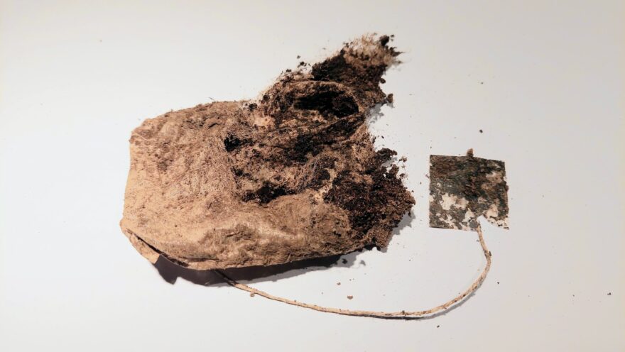 Stav sáčku s kávou DOUBLESHOT FLIRT po 2 měsících v hlíně