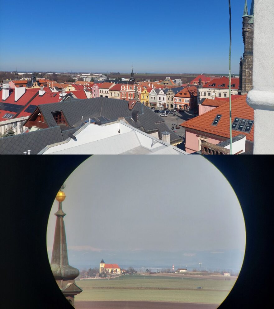 Pohled z Chrudimi na Krkonoše bez a s dalekohledem NIKON STABILIZED 12×25