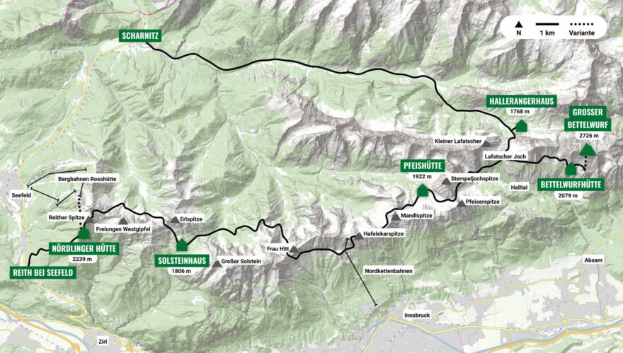 Mapa trasy Karwendel Höhenweg. Zdroj: https://karwendel-hoehenweg.at/