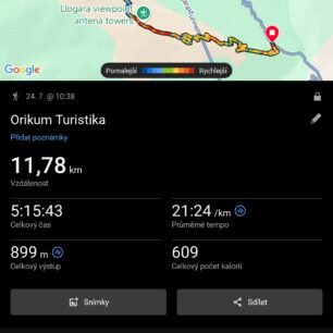 Výstup v aplikaci pro android je podrobný a přesný