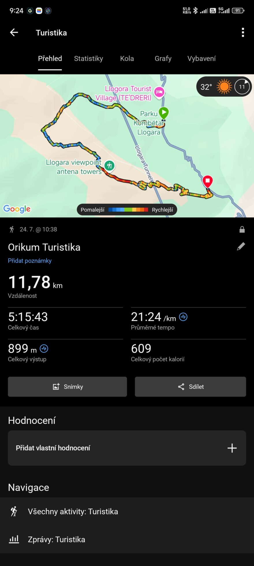 Výstup v aplikaci pro android je podrobný a přesný
