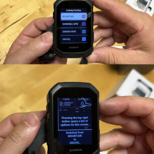 V horní části je přednastavený výběr zaznamenávaných aktivit, dole po přechodu z defaultní na gravel možnost nastavení dalších parametrů přes pravé horní tlačítko