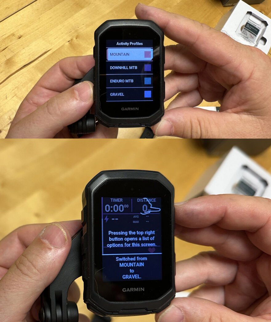 V horní části je přednastavený výběr zaznamenávaných aktivit, dole po přechodu z defaultní na gravel možnost nastavení dalších parametrů přes pravé horní tlačítko