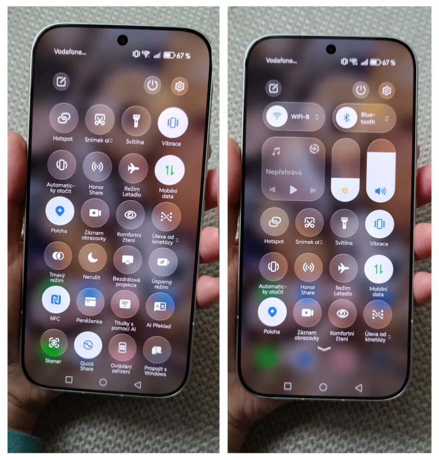 Z ovládacích prvků nechybí všemožné způsoby konektivity, zvláště oceňuji nastavování jasu displeje, úlevy od kinetózy - Honor 600