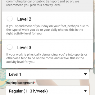 Aplikace Flow - volba levelu denní aktivity