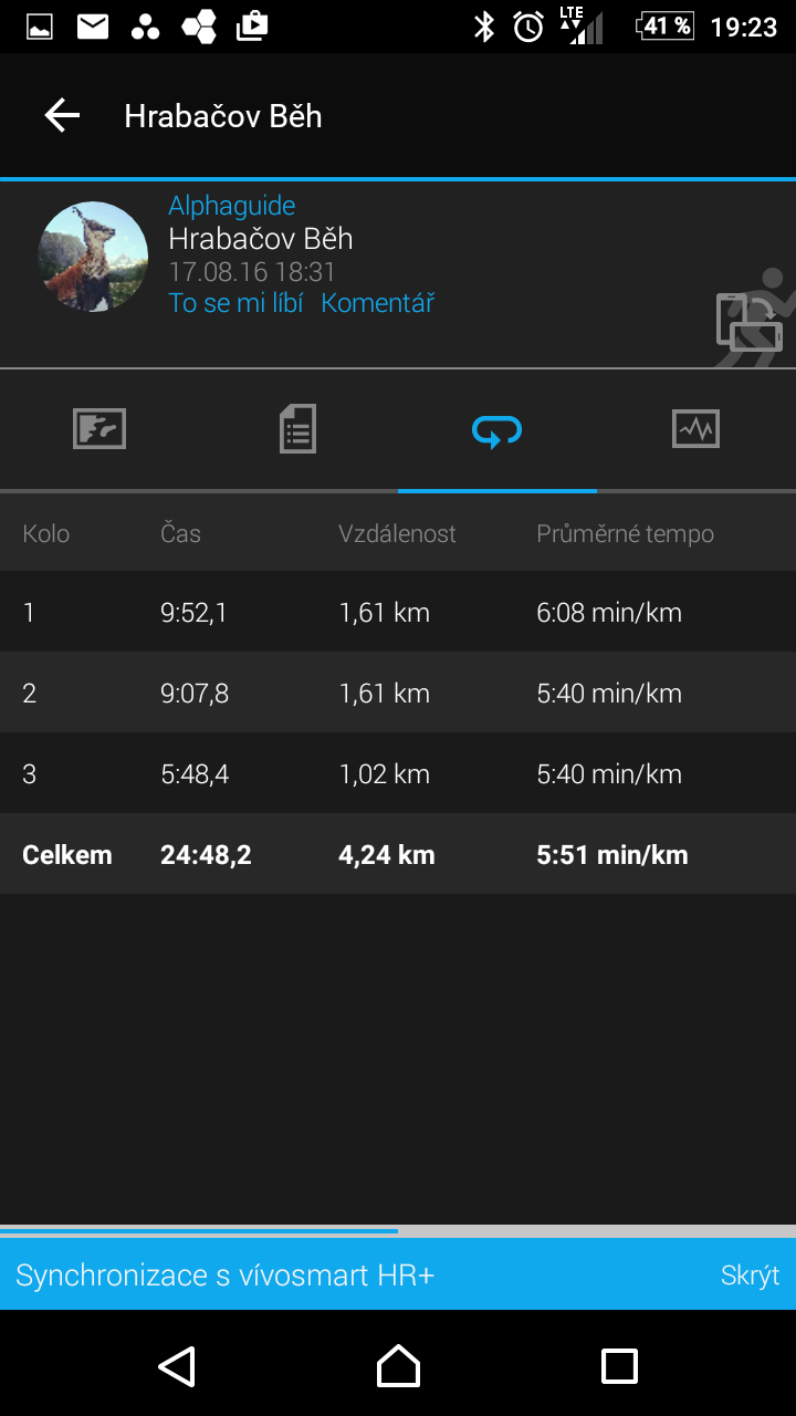 GARMIN Connect Jak jsem běžel na jednotlivá kola.