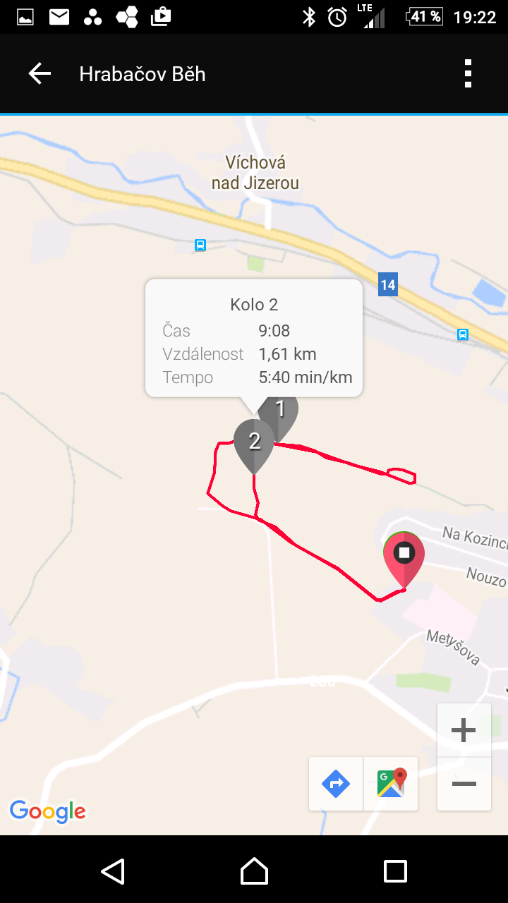 GARMIN Connect Jak takový běh vypadá na mapě v telefonu.