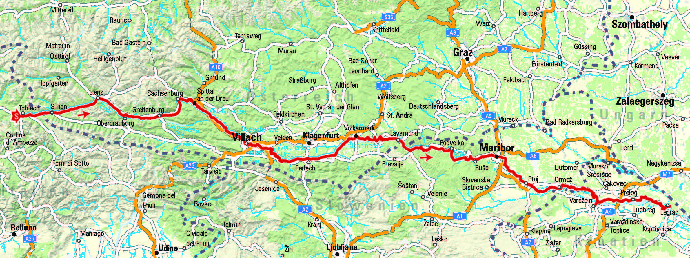 Mapa Drávské cyklostezky, Rakousko.