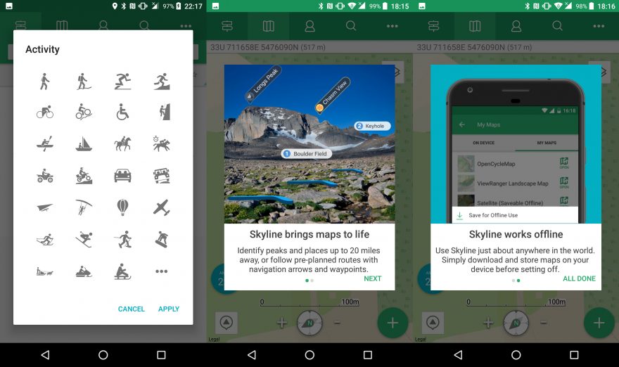 Nabídka aktivit ve ViewRanger a rozpoznávání Skyline