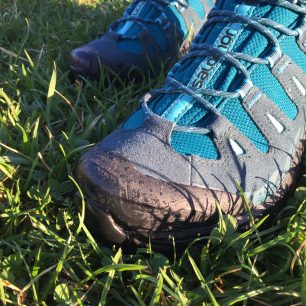 Membrána GTX bot Salomon Quest Prime vydrží chůzi v mokré trávě.