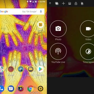 Úvodní obrazovka CAT S61 s FLIR fotografií rukou, a možnosti různých záznamů pomocí FLIR