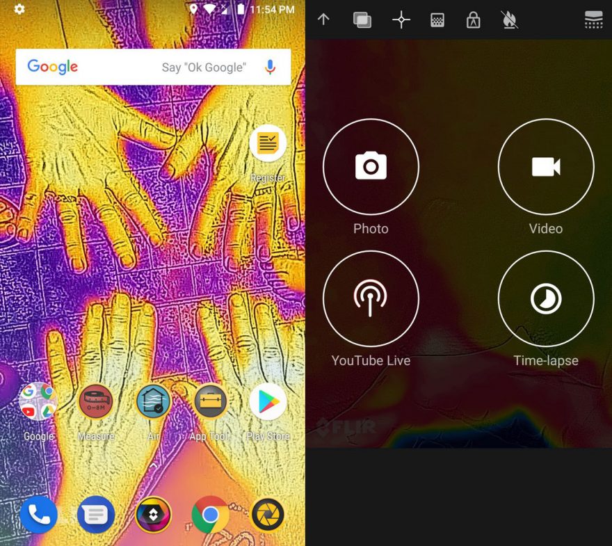 Úvodní obrazovka CAT S61 s FLIR fotografií rukou, a možnosti různých záznamů pomocí FLIR