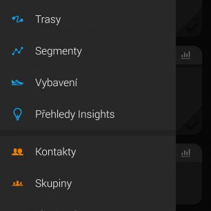 Listovací menu v aplikaci GARMIN Connect.