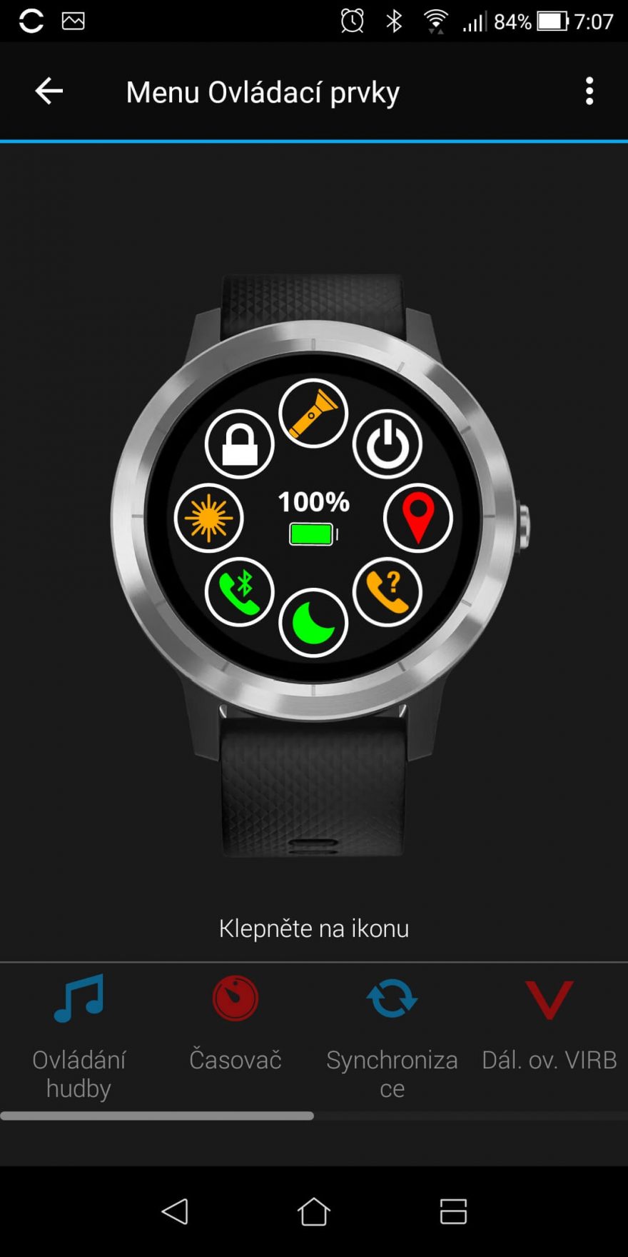 Menu ovládacích prvků lze měnit nebo obměňovat v aplikaci GARMIN Connect.