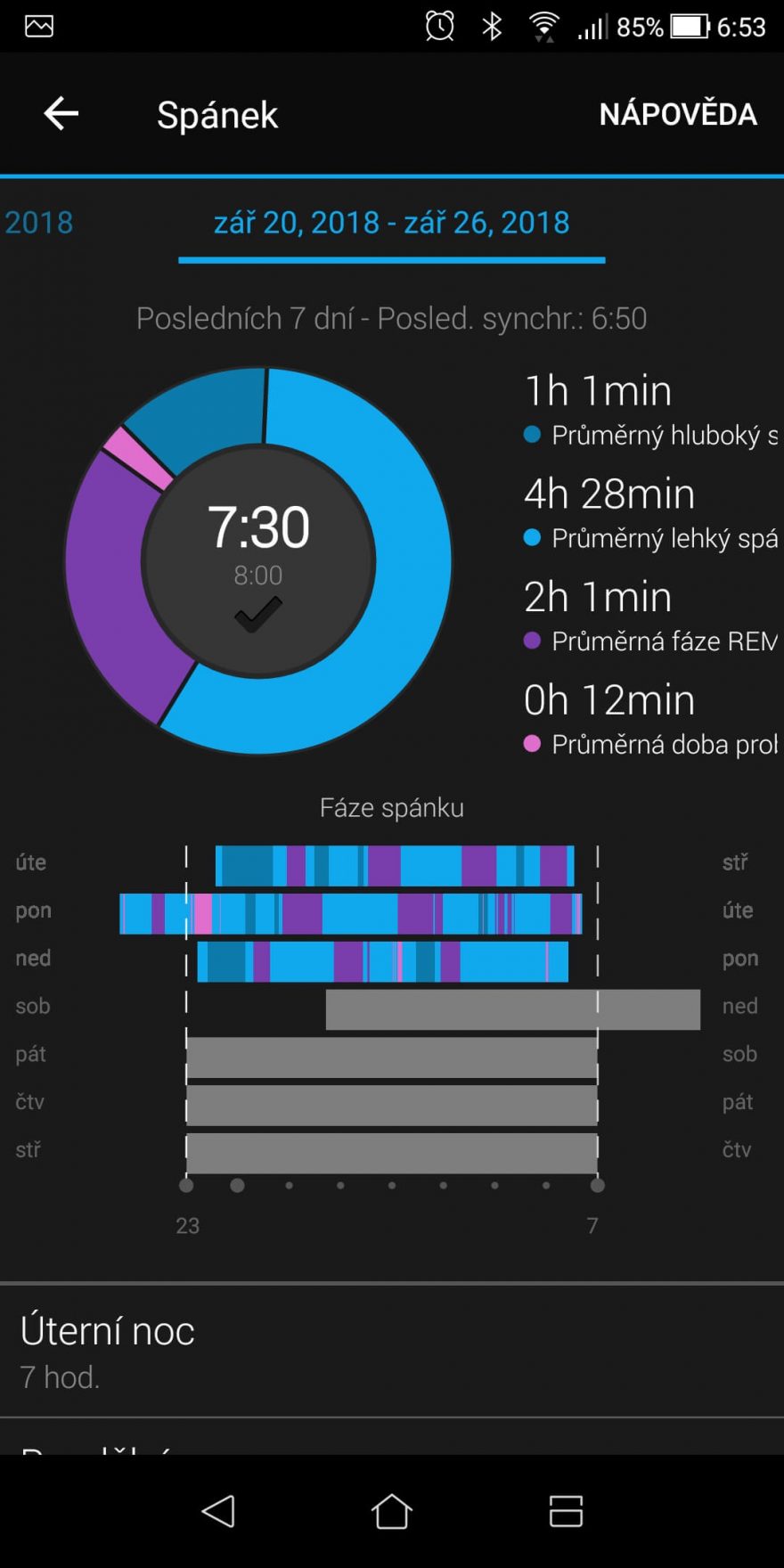 Přehled spánku v aplikaci GARMIN Connect.