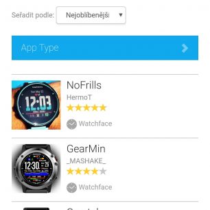 Výběr z různých ciferníků na Obchod Connect IQ.