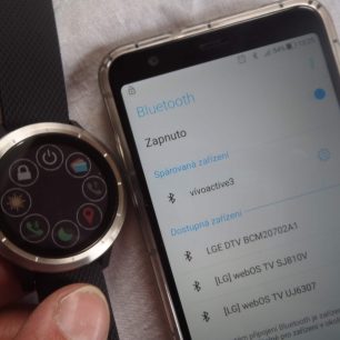 Vypnout, peněženka, hledání telefonu, označení místa, nerušit, BLE připojení, jas, zámek obrazovky u hodinek Garmin vívoactive 3.