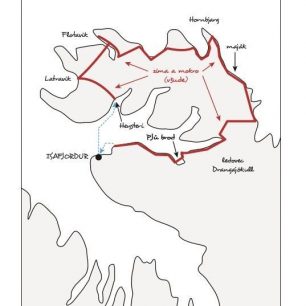 Orientační plánek pochodu po islandském poloostrově Hornstrandir. Kniha Neuvěřitelně uvěřitelné příhody z hor, Martin Úbl.