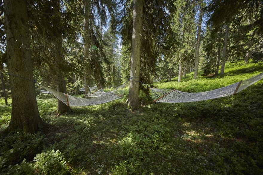 Pod korunami stromů je houpání v hamace ideálním relaxem. Waldwellness, Saalbach-Hinterglemm, Rakousko