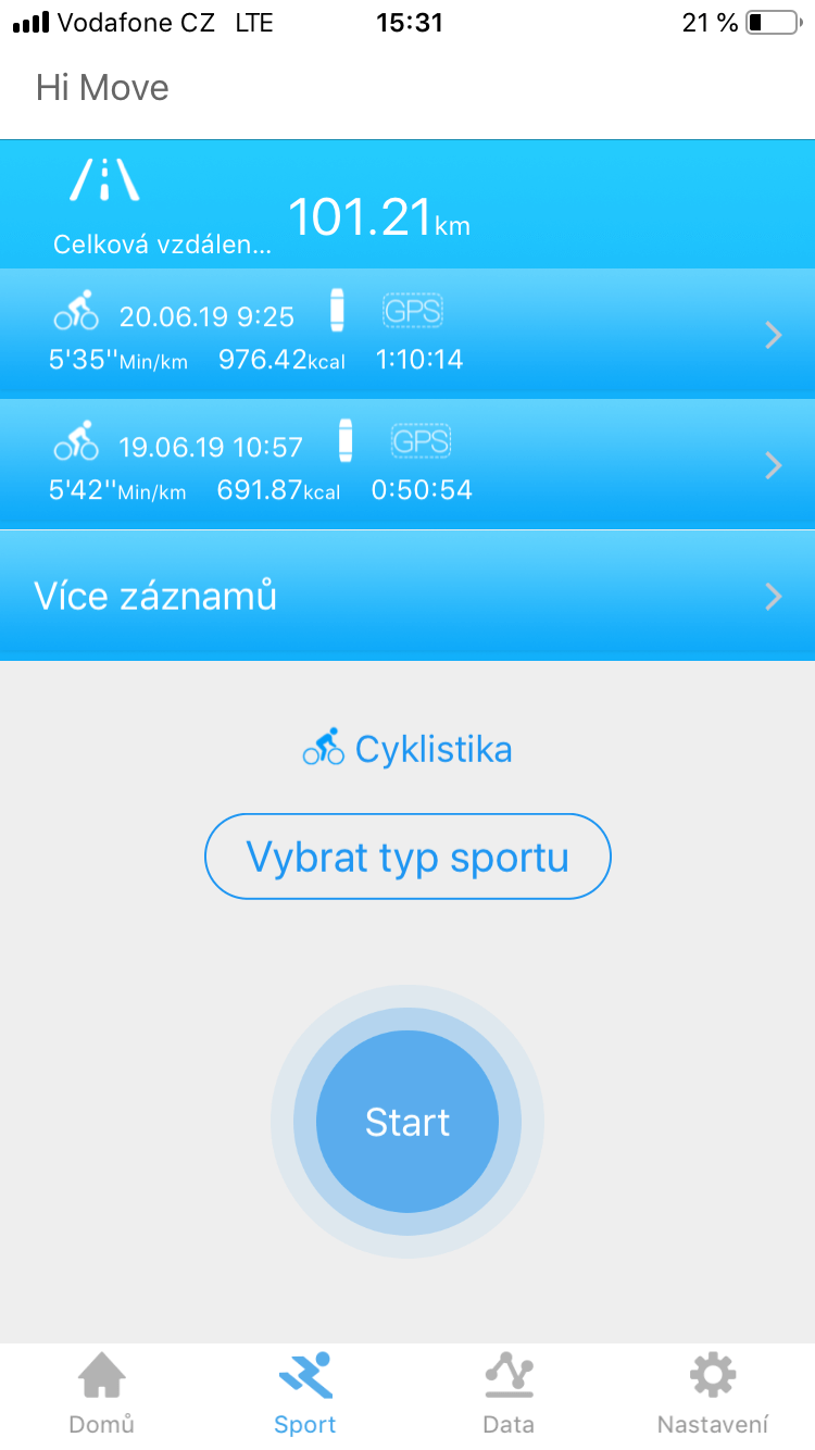 Obrazovka Sport aplikace Hi Move.